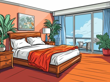 Illustration eines Schlafzimmers, im Stil lebendiger Meereslandschaften, Pop Art Comic-Stil, helles Rot und helles Bernstein, detaillierte Meeresansichten