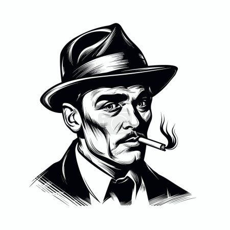 Téléchargez les illustrations : L'image est un homme dans un chapeau fumant une cigarette, dans le style de BD Noir, forte expression faciale, encre propre et nette, bord dur - en licence libre de droit