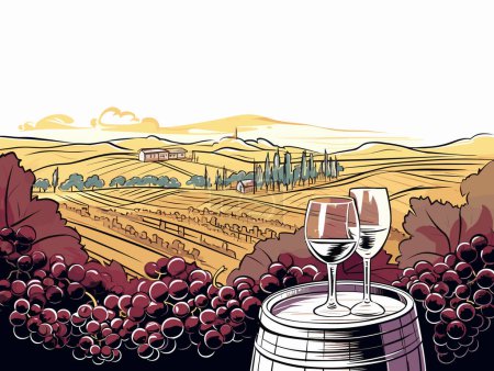 Illustration for Vintage Watercolor Style In A Vineyard With Wine Glasses And Barrel Illustration, In The Style Of Terraced Cityscapes, Trace Monotone, White And Amber - Royalty Free Image