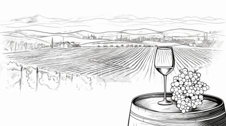Illustration for Vintage Italian Scenic Countryside Landscape With Wine And Grapes A Vintage Design, In The Style Of Strong Linear Elements, High-Contrast Shading - Royalty Free Image