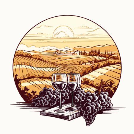 Illustration for Vintage Italian Scenic Countryside Landscape With Wine And Bread A Vintage Vintage Design, In The Style Of Strong Linear Elements, High-Contrast Shading - Royalty Free Image