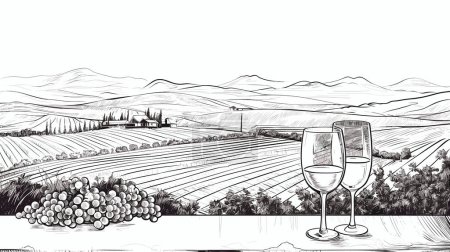 Illustration for Vintage Style Postcard With Tuscan Landscape And Glasses Of Wine, In The Style Of Woodcut, Isolated Landscapes - Royalty Free Image
