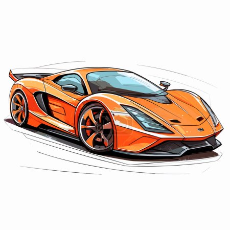 Kunst des Autozeichnens Orange Moderner Sportwagen, im Stil karikaturartiger Illustrationen, abgerundet, subtile Tuscheapplikation