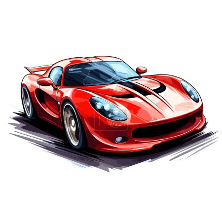 Ein roter Sportwagen fährt über den weißen Hintergrund, im Stil bunter Zeichnungen