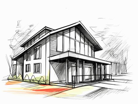 Moderne zeitgenössische Architektur Skizze Vektor Illustration, im Stil von gerendert in 3D, Präzisionismus Stil, präzisionistische Linien und Formen