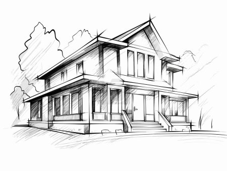 Illustration for White Building Sketch Illustration In Black And White, In The Style Of Emphasis On Character Design, Clear Edge Definition, Mingei, Timeless Artistry - Royalty Free Image