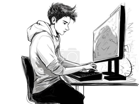 Illustration for Student is gaming on a desktop computer pc in hand-drawn style - Royalty Free Image