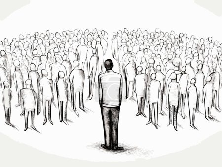 Illustration for Unique man standing out from the crowd of regular man in hand-drawn style - Royalty Free Image