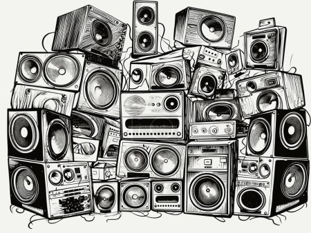 Wall of retro vintage style Music sound speakers in hand-drawn style