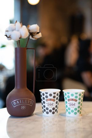 Photo for LVIV, UKRAINE - OCTOBER 26, 2022: baileys treat bar, branded for drinks on the table - Royalty Free Image