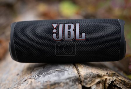 Téléchargez les photos : LVIV, UKRAINE - 12 OCTOBRE 2022 : JBL Flip 6 Haut-parleur bluetooth portable noir à l'extérieur sur une bille de bois - en image libre de droit