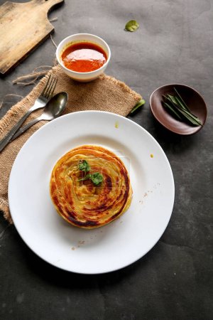Téléchargez les photos : Pain paratha ou pain canai ou roti maryam, plat de petit déjeuner préféré. servi sur assiette - en image libre de droit