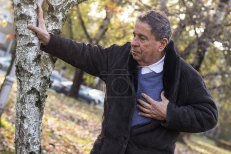 Téléchargez les photos : Homme âgé ayant une crise cardiaque après avoir marché au parc - en image libre de droit