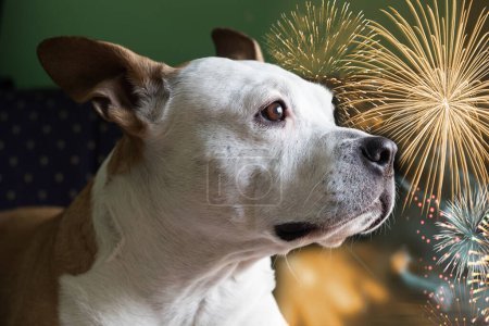 Photo for Dog afraid of fireworks. Please don't throw firecrackers I'm afraid - Royalty Free Image
