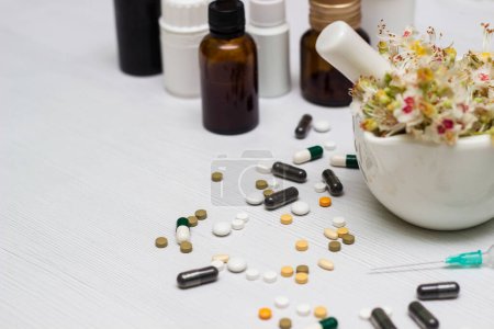 Téléchargez les photos : Variation of vitamins and pills on a green leaf on a white background - en image libre de droit