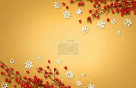 Photo for Red berries and snowflakes. Christmas background with copy space. - Royalty Free Image
