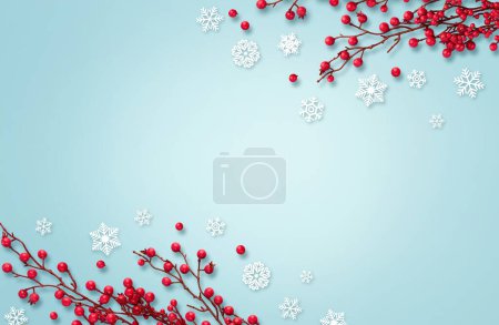 Foto de Bayas rojas y copos de nieve. Fondo de Navidad con espacio de copia. - Imagen libre de derechos