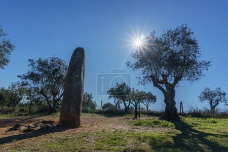 Menhir dos Almendres mit Sonne am blauen Himmel in der Nähe der portugiesischen Stadt Evora, Alentejo, Portugal
