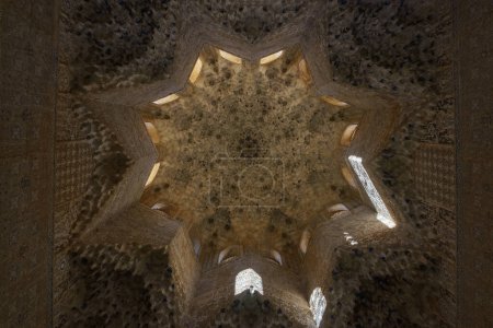 Ceiling with Muqarnas in the Hall of the Two Sisters Sala de las Dos Hermanas at Nasrid Palaces of Alhambra, Granada, Andalusia, Spain