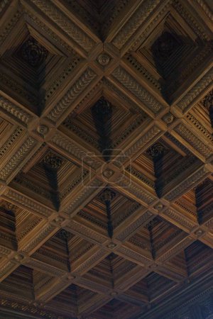Detail einer braunen Holzdecke mit quadratischer Form in der Alhambra, Granada, Andalusien, Spanien