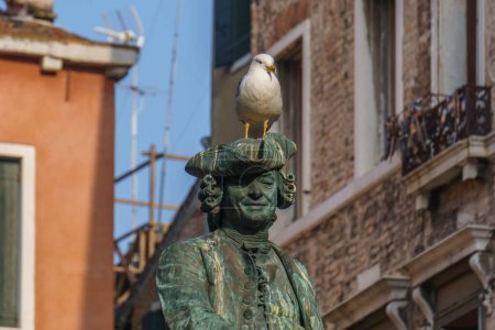 Escultura de bronce de Carlo Osvaldo Goldoni con gaviota en la cabeza, Venecia, Véneto, Italia