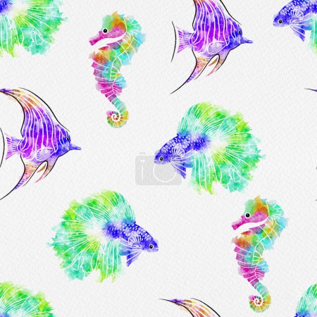 Watercolor Fish and Sea Horse Seamless Pattern