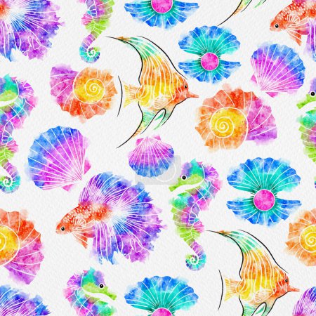 Watercolor Sea Life in Multicolor Seamless Pattern