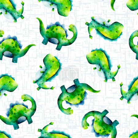Vivid Green Cute Dinosaurs Watercolor Seamless Pattern