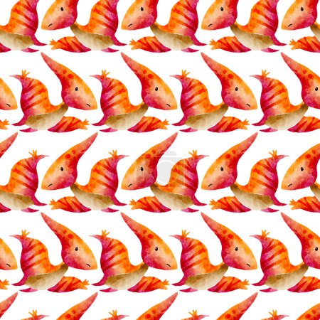 Cute Orange Pterodactyl Dinosaurs Watercolor Seamless Pattern