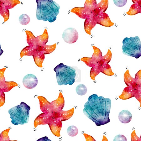 Cute Red Starfish with Clams and Pearls Watercolor Seamless Pattern