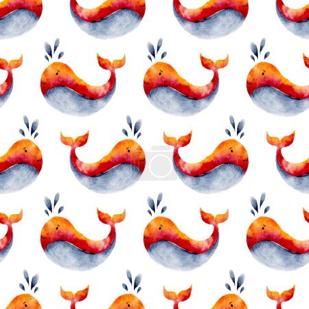 Cute Orange Baby Whales Watercolor Seamless Pattern