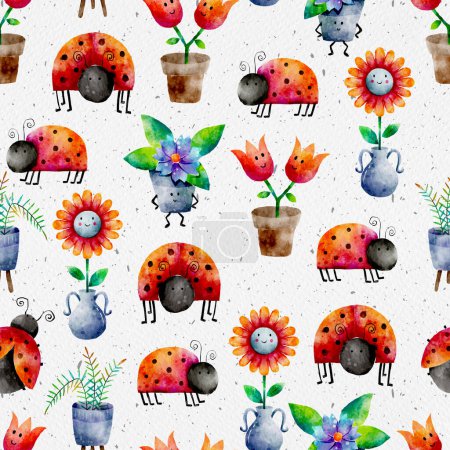 Watercolor Lady Birds and Potted House Plants Seamless Pattern