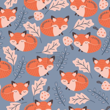 Autumn Red Fox Sleeping in the Forest Vector Seamless Pattern