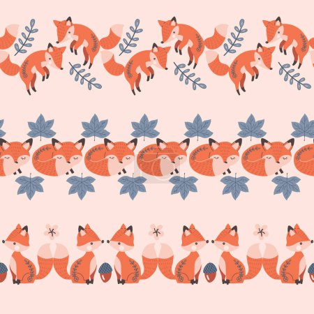 Illustration for Autumn Red Fox Vector Seamless Horizontal Borders Set - Royalty Free Image