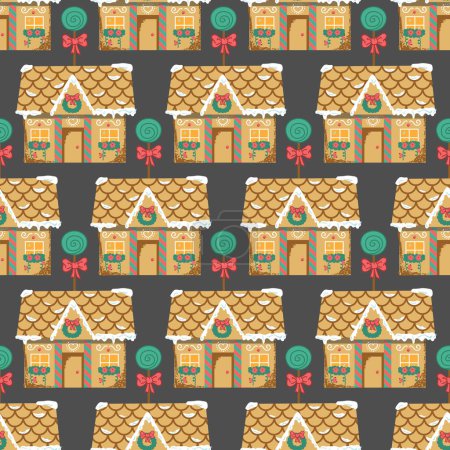Illustration for Cute Gingerbread House and Lollypop Vector Seamless Pattern - Royalty Free Image
