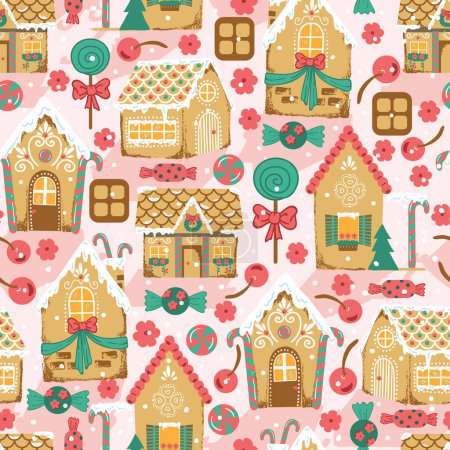 Illustration for Cute Gingerbread House Vector Seamless Pattern - Royalty Free Image