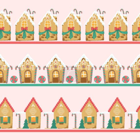 Cute Gingerbread House Vector Seamless Horizontal Borders Set
