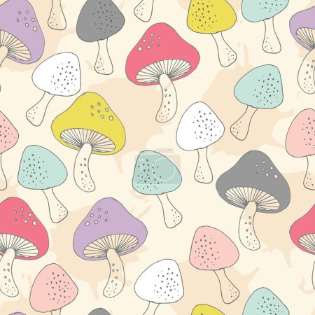 Téléchargez les illustrations : Modèle sans couture vectoriel mignon champignons fantaisistes - en licence libre de droit