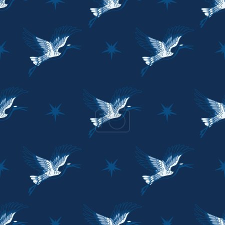 Ilustración de Aves grúa y estrellas en azul Vector patrón sin costura - Imagen libre de derechos