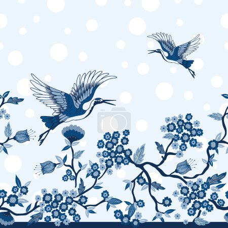 Téléchargez les illustrations : Grue bleue Oiseaux et branches d'arbres Frontière horizontale sans couture vectorielle - en licence libre de droit