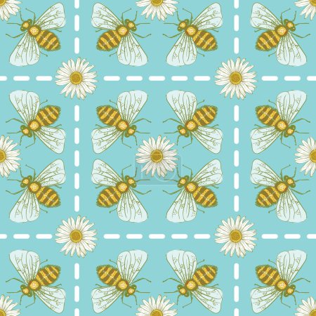 Illustration for Spring Honey Bees Insect with Daisies Flower Vector Seamless Pattern - Royalty Free Image