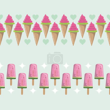 Illustration for Summer Ice Cream and Popsicle Vector Seamless Horizontal Seamless Borders Set - Royalty Free Image