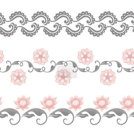 Téléchargez les illustrations : Ensemble de bordures horizontales sans couture à vecteur décoratif floral - en licence libre de droit