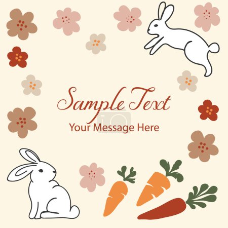 Ilustración de Lindo arte de línea de Pascua conejos con zanahorias y flores Vector marco fondo - Imagen libre de derechos