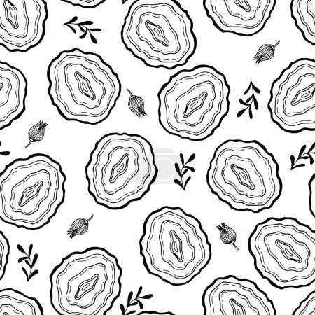 Illustration for Black and White Geode with Botanicals Vector Seamless Pattern - Royalty Free Image