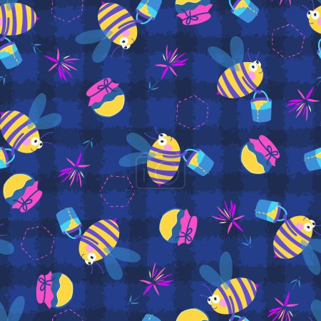 Cute Honey Bees with Bucket of Honey Vector Seamless Pattern