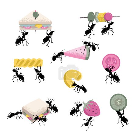 Téléchargez les illustrations : Ensemble d'éléments vectoriels drôles de nourriture de pique-nique de fourmis noires - en licence libre de droit