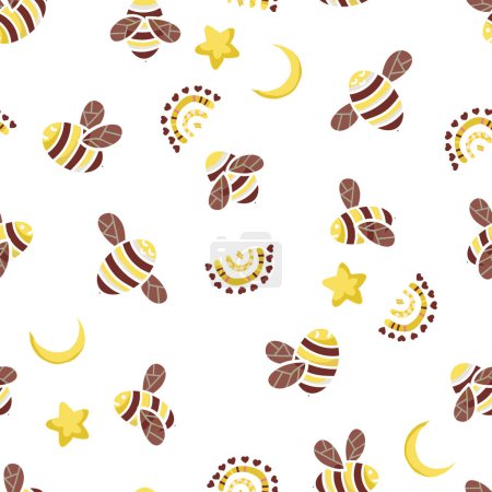 Illustration for Yellow and Brown Honey Bees, Stars and Moon Vector Seamless Pattern - Royalty Free Image