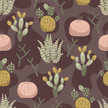 Illustration for Cactus Plants in Wild Vector Seamless Pattern - Royalty Free Image