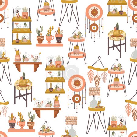 Boho Home Decor and Furniture Objects Vector Seamless Pattern